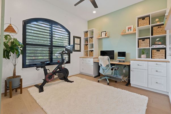 Fitness Equipment, Home Office, Interior, Recessed Lighting, Wood Texture Flooring