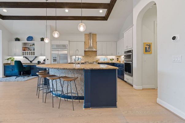 Interior, Kitchen, Pendant Lights, Recessed Lighting, Stainless Steel Appliances, Wooden Beams, Wood Texture Flooring