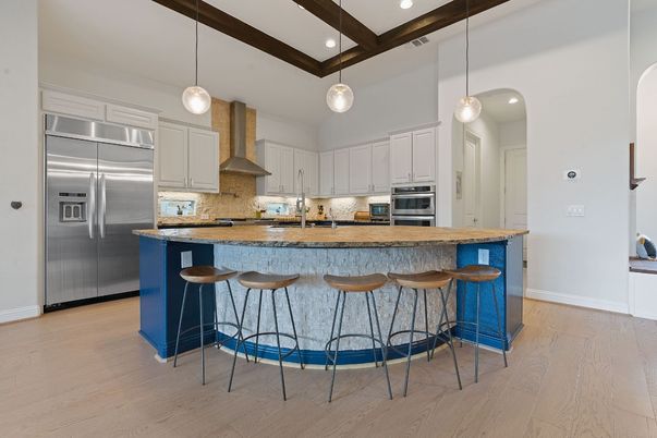 Interior, Kitchen, Pendant Lights, Recessed Lighting, Stainless Steel Appliances, Wooden Beams, Wood Texture Flooring