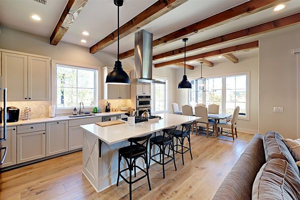 Dining room, Interior, Kitchen, Pendant Lights, Recessed Lighting, Stainless Steel Appliances, Wooden Beams, Wood Texture Flooring