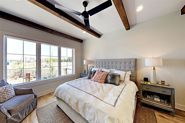 Bedroom, Interior, Recessed Lighting, Wooden Beams, Wood Texture Flooring
