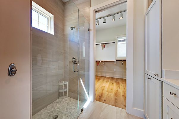 Bathroom, Glass Shower, Interior, Wood Texture Flooring