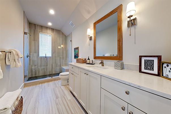 Bathroom, Dual Sink Vanities, Glass Shower, Interior, Recessed Lighting