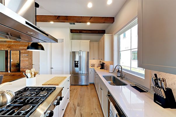 Interior, Kitchen, Recessed Lighting, Stainless Steel Appliances, Wooden Beams, Wood Texture Flooring