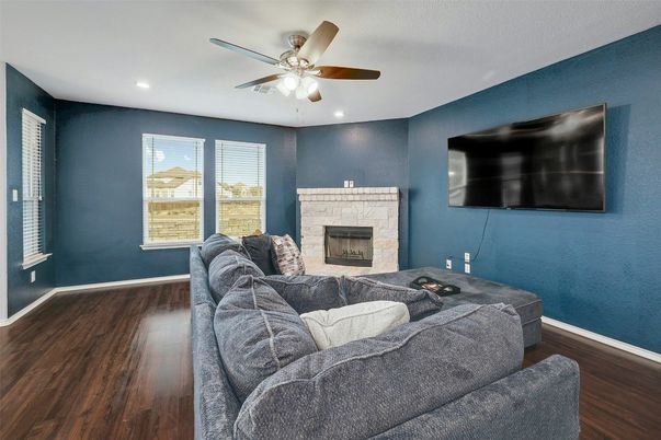 Fireplace, Interior, Living room, Recessed Lighting, Wood Texture Flooring