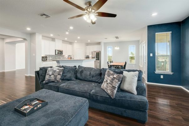 Dining room, Interior, Kitchen, Living room, Pendant Lights, Recessed Lighting, Stainless Steel Appliances, Wood Texture Flooring