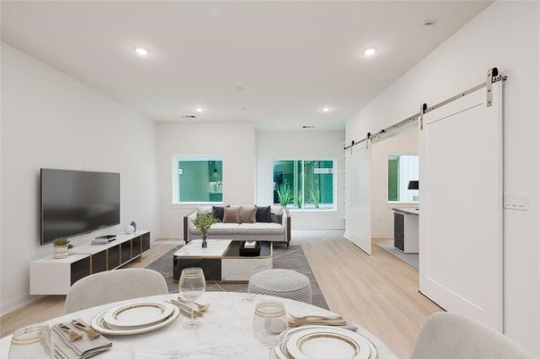 Interior, Living room, Recessed Lighting, Wood Texture Flooring