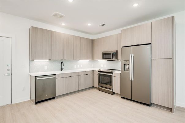 Interior, Kitchen, Recessed Lighting, Stainless Steel Appliances, Wood Texture Flooring