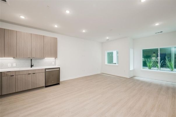 Empty room, Interior, Kitchen, Recessed Lighting, Wood Texture Flooring