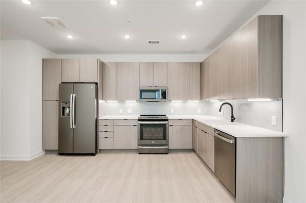 Interior, Kitchen, Recessed Lighting, Stainless Steel Appliances, Wood Texture Flooring