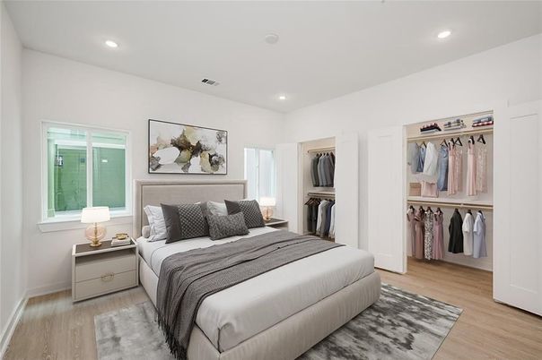 Bedroom, Interior, Recessed Lighting, Wood Texture Flooring