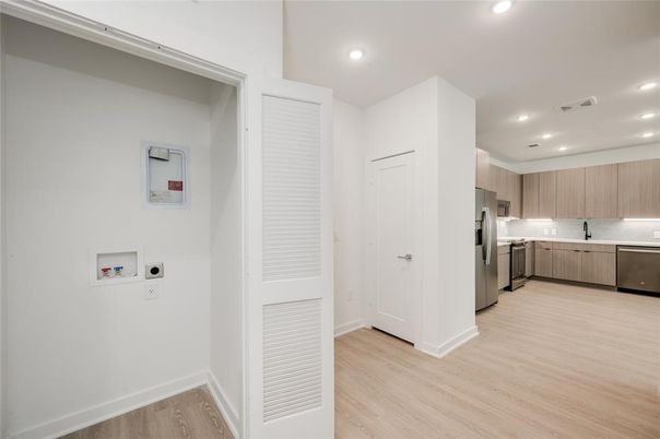 Interior, Kitchen, Recessed Lighting, Stainless Steel Appliances, Wood Texture Flooring