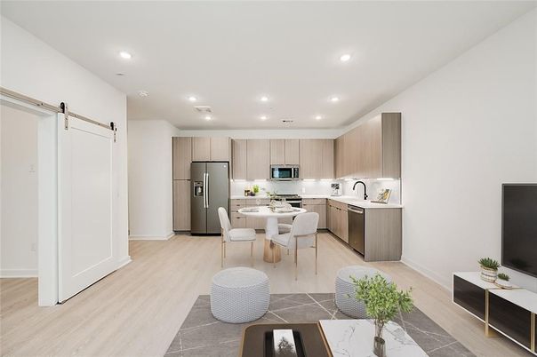 Dining room, Interior, Kitchen, Recessed Lighting, Stainless Steel Appliances, Wood Texture Flooring
