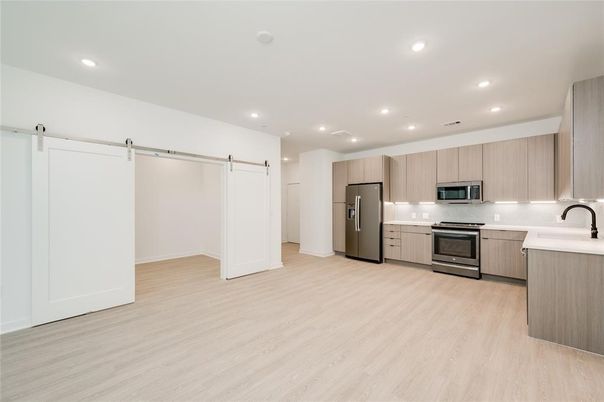 Interior, Kitchen, Recessed Lighting, Stainless Steel Appliances, Wood Texture Flooring