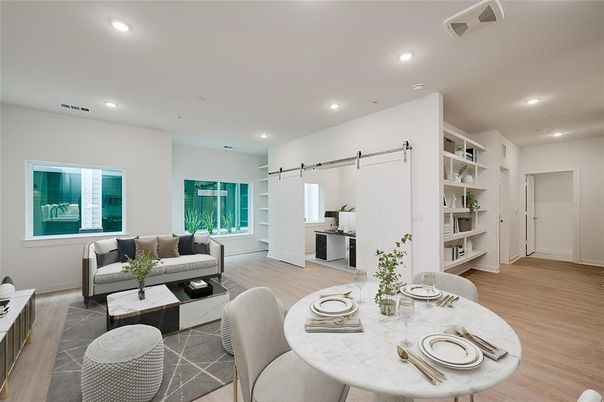Dining room, Interior, Living room, Recessed Lighting, Wood Texture Flooring