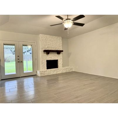 Empty room, Fireplace, Interior, Stone Walls, Wood Texture Flooring