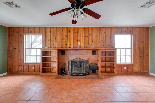 Empty room, Fireplace, Interior, Stone Walls, Wooden Walls