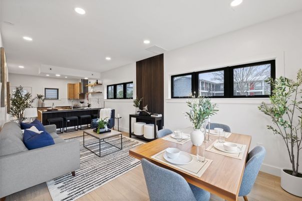 Dining room, Interior, Living room, Recessed Lighting, Wood Texture Flooring