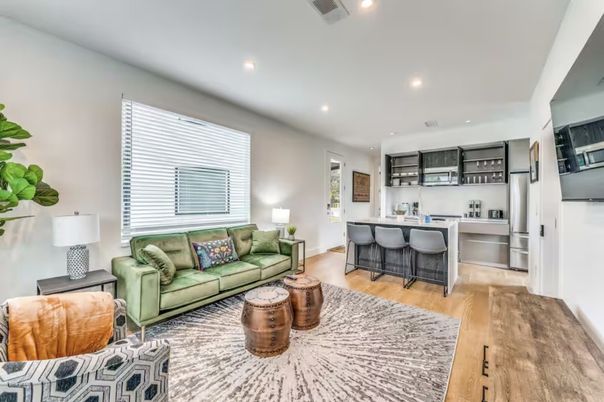 Interior, Kitchen, Living room, Recessed Lighting, Stainless Steel Appliances, Wood Texture Flooring