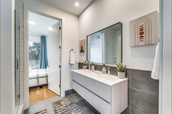 Bathroom, Glass Shower, Interior, Recessed Lighting, Wood Texture Flooring