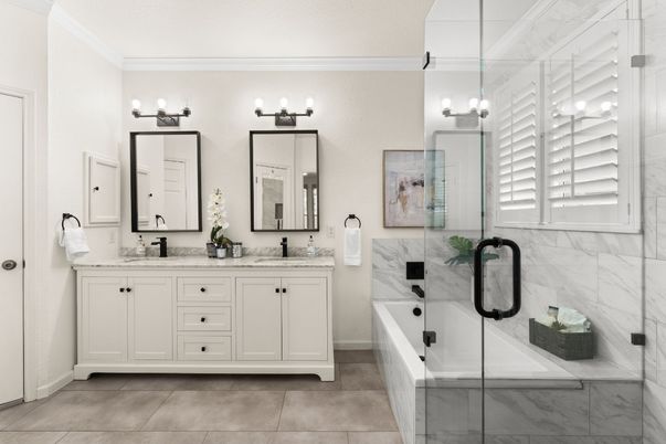 Bathroom, Dual Sink Vanities, Glass Shower, Interior, Marble Walls