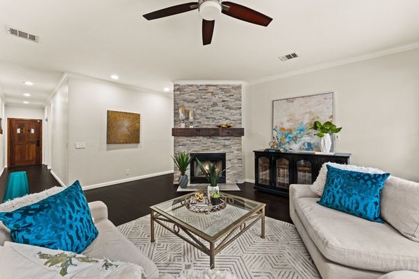 Fireplace, Interior, Living room, Recessed Lighting, Stone Walls, Wood Texture Flooring