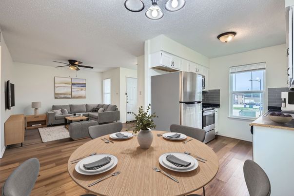 Dining room, Interior, Kitchen, Living room, Stainless Steel Appliances, Wood Texture Flooring