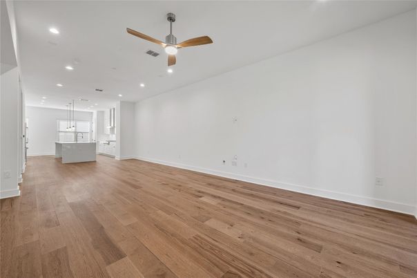 Empty room, Interior, Kitchen, Pendant Lights, Recessed Lighting, Wood Texture Flooring