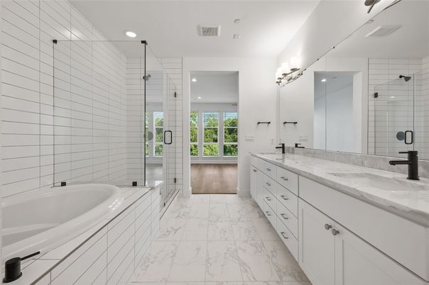 Bathroom, Dual Sink Vanities, Glass Shower, Interior, Marble, Recessed Lighting