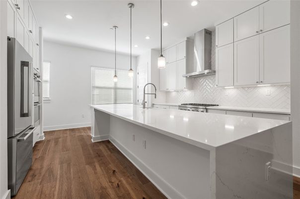 Interior, Kitchen, Pendant Lights, Recessed Lighting, Stainless Steel Appliances, Wood Texture Flooring