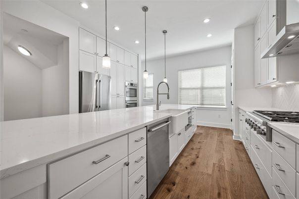 Interior, Kitchen, Pendant Lights, Recessed Lighting, Stainless Steel Appliances, Wood Texture Flooring
