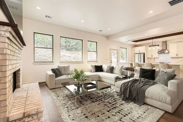 Fireplace, Interior, Kitchen, Living room, Pendant Lights, Recessed Lighting, Stainless Steel Appliances, Wood Texture Flooring
