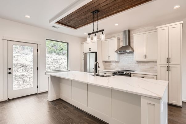 Interior, Kitchen, Pendant Lights, Recessed Lighting, Stainless Steel Appliances, Wooden Ceilings, Wood Texture Flooring