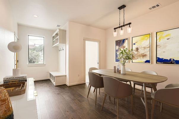 Dining room, Interior, Pendant Lights, Recessed Lighting, Wood Texture Flooring