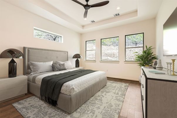 Bedroom, Interior, Recessed Lighting, Wood Texture Flooring