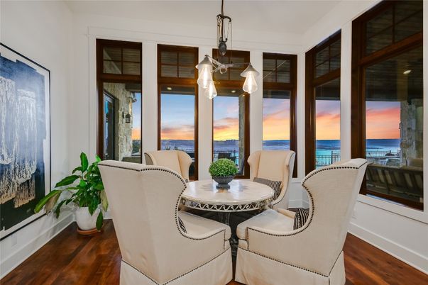 Dining room, Interior, Pendant Lights, Water, Wood Texture Flooring