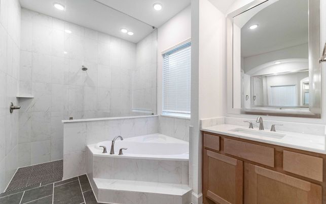 Bathroom, Dual Sink Vanities, Interior, Marble Walls, Recessed Lighting