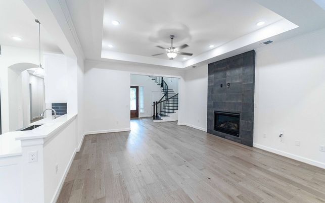 Fireplace, Interior, Pendant Lights, Recessed Lighting, Wood Texture Flooring