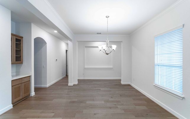 Chandelier, Empty room, Interior, Recessed Lighting, Wood Texture Flooring