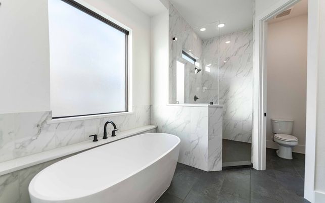 Bathroom, Free Standing Baths, Interior, Marble Walls, Recessed Lighting