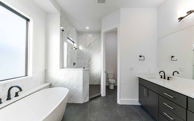 Bathroom, Dual Sink Vanities, Free Standing Baths, Interior, Marble Walls, Recessed Lighting