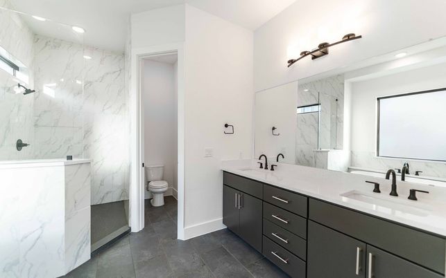 Bathroom, Dual Sink Vanities, Interior, Marble Walls, Recessed Lighting