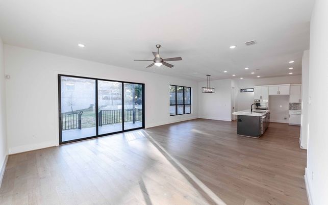 Empty room, Interior, Kitchen, Pendant Lights, Recessed Lighting, Wood Texture Flooring