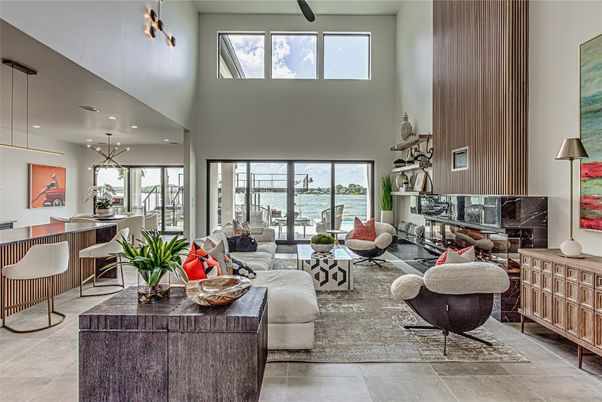 Dining room, Fireplace, Interior, Living room, Pendant Lights, Recessed Lighting, Water