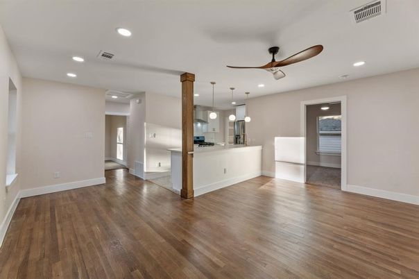 Empty room, Interior, Kitchen, Pendant Lights, Recessed Lighting, Wood Texture Flooring