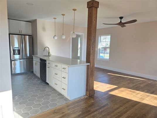 Interior, Kitchen, Pendant Lights, Stainless Steel Appliances, Wood Texture Flooring