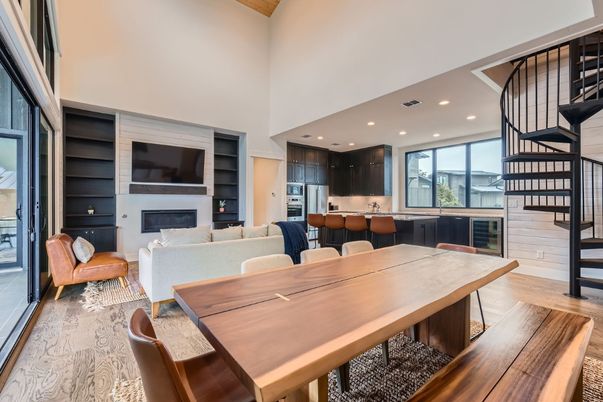 Dining room, Fireplace, Interior, Kitchen, Living room, Recessed Lighting, Stainless Steel Appliances, Wood Texture Flooring