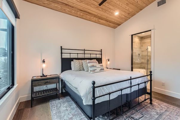 Bathroom, Bedroom, Glass Shower, Interior, Recessed Lighting, Wooden Ceilings, Wood Texture Flooring