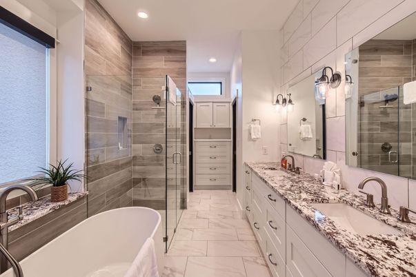 Bathroom, Dual Sink Vanities, Free Standing Baths, Glass Shower, Interior, Marble, Recessed Lighting