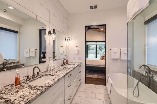 Bathroom, Bedroom, Dual Sink Vanities, Free Standing Baths, Interior, Marble, Recessed Lighting